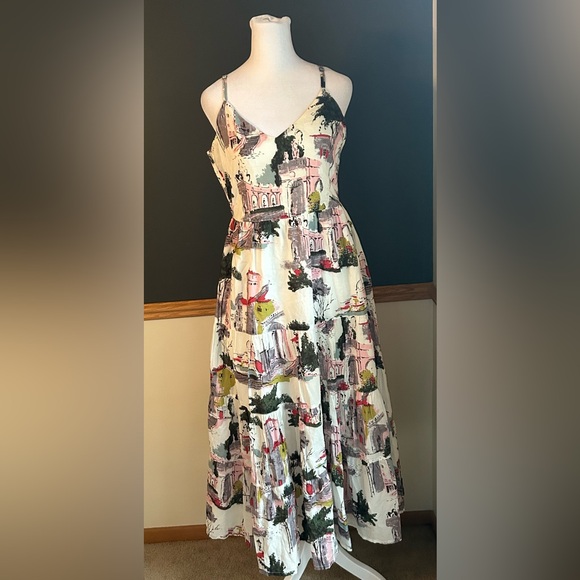 Anthropologie Lazy Bones Multicolor Cityscape Fit Flare Tiered Midi Dress Sz XS - Picture 5 of 12